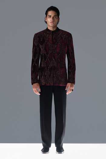 Rohit Gandhi + Rahul Khanna_Black Silk, Velvet Embroidery, Sequins, Beads Astral Lattice Bandhgala Set _Online_at_Aza_Fashions