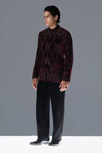 Buy_Rohit Gandhi + Rahul Khanna_Black Silk, Velvet Embroidery, Sequins, Beads Astral Lattice Bandhgala Set _Online_at_Aza_Fashions
