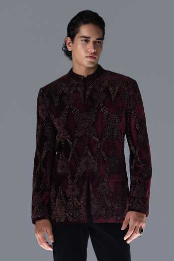 Shop_Rohit Gandhi + Rahul Khanna_Black Silk, Velvet Embroidery, Sequins, Beads Astral Lattice Bandhgala Set _Online_at_Aza_Fashions