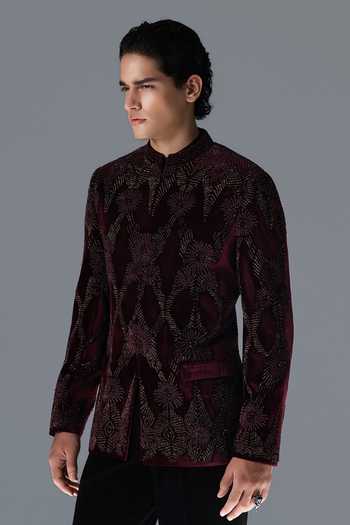 Rohit Gandhi + Rahul Khanna_Black Silk, Velvet Embroidery, Sequins, Beads Astral Lattice Bandhgala Set _at_Aza_Fashions