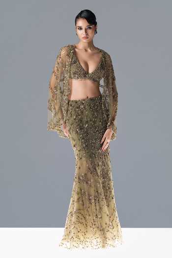 Rohit Gandhi + Rahul Khanna Nova Fern Embroidered Cape Lehenga Set 