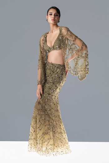 Rohit Gandhi + Rahul Khanna Olive Green Tulle V-neck Nova Fern Embroidered Cape Lehenga Set Online at Aza Fashions Rohit Gandhi + Rahul Khanna_Olive Green Tulle V-neck Nova Fern Embroidered Cape Lehenga Set _Online_at_Aza_Fashions