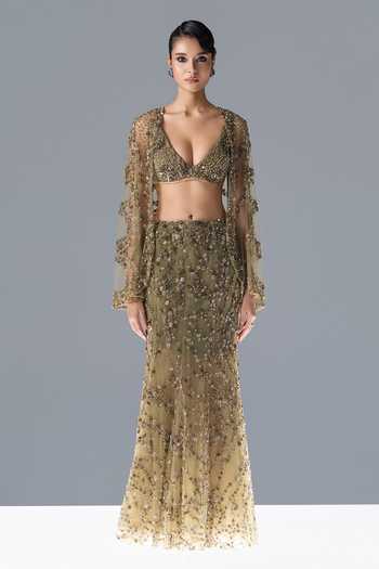 Buy Rohit Gandhi + Rahul Khanna Olive Green Tulle V-neck Nova Fern Embroidered Cape Lehenga Set Online at Aza Fashions Buy_Rohit Gandhi + Rahul Khanna_Olive Green Tulle V-neck Nova Fern Embroidered Cape Lehenga Set _Online_at_Aza_Fashions