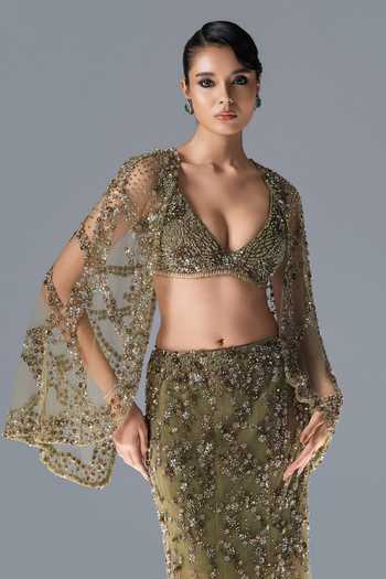 Shop Rohit Gandhi + Rahul Khanna Olive Green Tulle V-neck Nova Fern Embroidered Cape Lehenga Set Online at Aza Fashions Shop_Rohit Gandhi + Rahul Khanna_Olive Green Tulle V-neck Nova Fern Embroidered Cape Lehenga Set _Online_at_Aza_Fashions