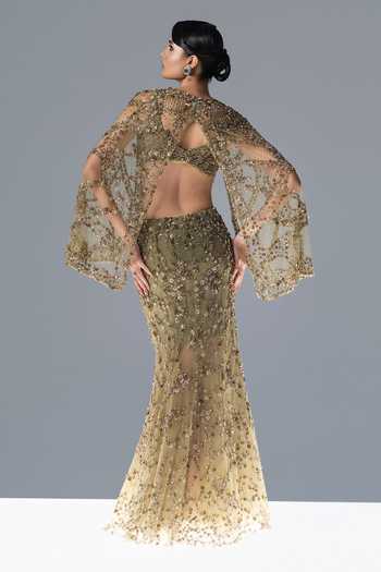 Rohit Gandhi + Rahul Khanna Nova Fern Embroidered Cape Lehenga Set 