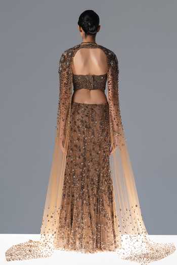 Rohit Gandhi + Rahul Khanna Bloom Embroidered Cape Lehenga Set 
