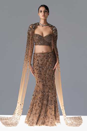 Rohit Gandhi + Rahul Khanna_Gold Tulle Sweetheart , Open Bloom Embroidered Cape Lehenga Set _Online_at_Aza_Fashions