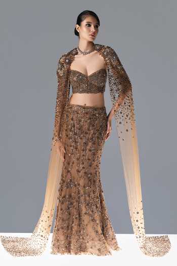 Rohit Gandhi + Rahul Khanna Bloom Embroidered Cape Lehenga Set 