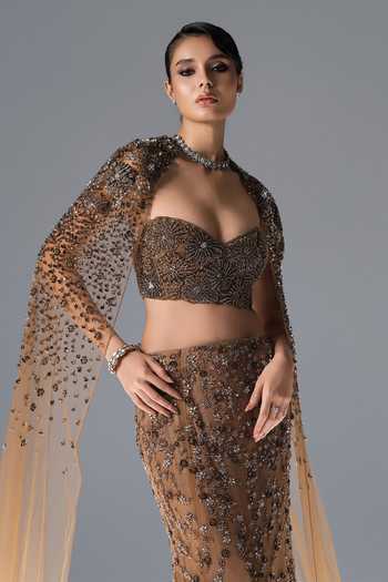 Buy_Rohit Gandhi + Rahul Khanna_Gold Tulle Sweetheart , Open Bloom Embroidered Cape Lehenga Set _Online_at_Aza_Fashions