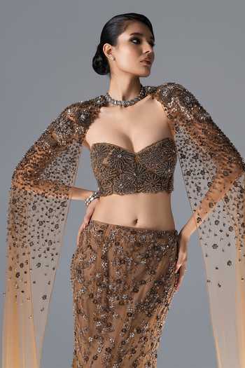 Shop_Rohit Gandhi + Rahul Khanna_Gold Tulle Sweetheart , Open Bloom Embroidered Cape Lehenga Set _Online_at_Aza_Fashions