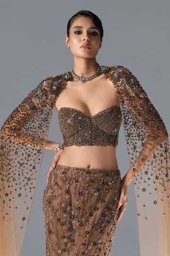 Rohit Gandhi + Rahul Khanna_Gold Tulle Sweetheart , Open Bloom Embroidered Cape Lehenga Set _at_Aza_Fashions