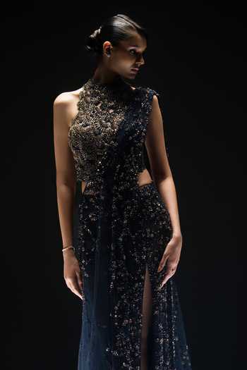Rohit Gandhi + Rahul Khanna Midnight Ivy Pre-Draped Saree With Blouse 
