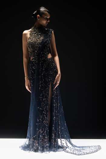 Rohit Gandhi + Rahul Khanna Midnight Ivy Pre-Draped Saree With Blouse 