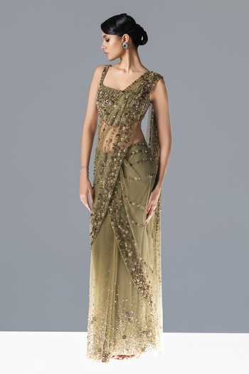 Rohit Gandhi + Rahul Khanna_Green Tulle Square Neck Wisteria Pre-draped Saree With Blouse _Online_at_Aza_Fashions