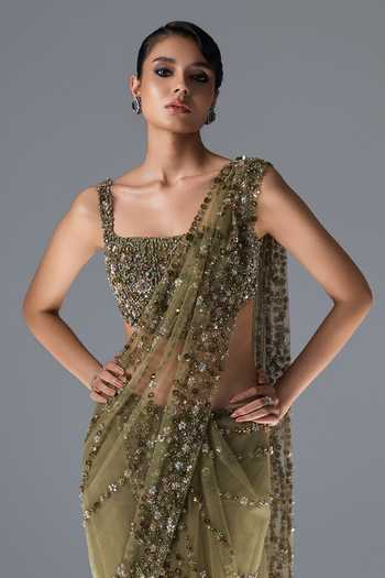 Buy_Rohit Gandhi + Rahul Khanna_Green Tulle Square Neck Wisteria Pre-draped Saree With Blouse _Online_at_Aza_Fashions