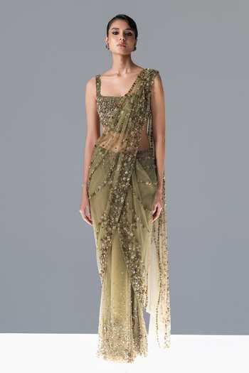 Shop_Rohit Gandhi + Rahul Khanna_Green Tulle Square Neck Wisteria Pre-draped Saree With Blouse _Online_at_Aza_Fashions