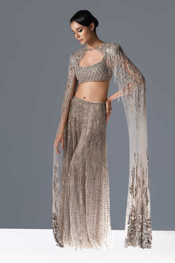 Rohit Gandhi + Rahul Khanna_Off White Tulle Bandeau , Open Moonflower Embroidered Cape Sharara Set _Online_at_Aza_Fashions