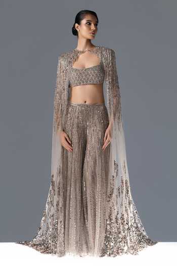 Buy_Rohit Gandhi + Rahul Khanna_Off White Tulle Bandeau , Open Moonflower Embroidered Cape Sharara Set _Online_at_Aza_Fashions