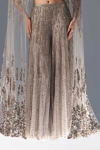 Shop_Rohit Gandhi + Rahul Khanna_Off White Tulle Bandeau , Open Moonflower Embroidered Cape Sharara Set _Online_at_Aza_Fashions
