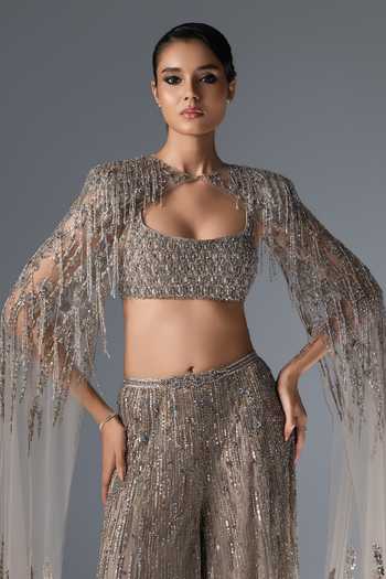 Rohit Gandhi + Rahul Khanna_Off White Tulle Bandeau , Open Moonflower Embroidered Cape Sharara Set _at_Aza_Fashions