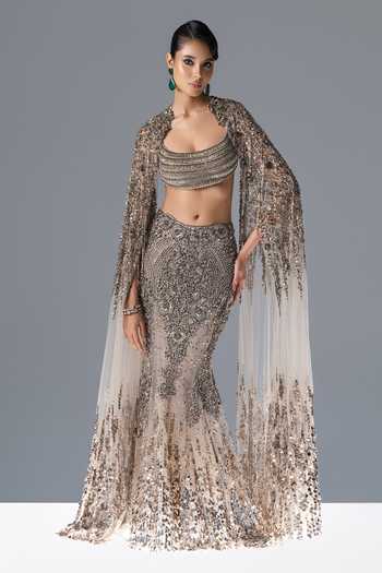 Rohit Gandhi + Rahul Khanna_Off White Tulle Scoop Neck Celestine Embroidered Cape Lehenga Set _Online_at_Aza_Fashions