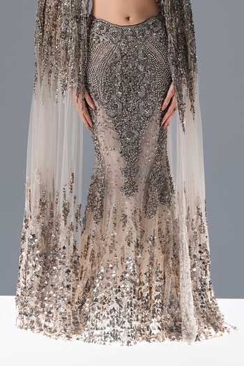 Buy_Rohit Gandhi + Rahul Khanna_Off White Tulle Scoop Neck Celestine Embroidered Cape Lehenga Set _Online_at_Aza_Fashions