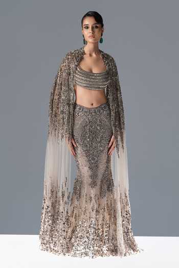 Rohit Gandhi + Rahul Khanna Celestine Embroidered Cape Lehenga Set 