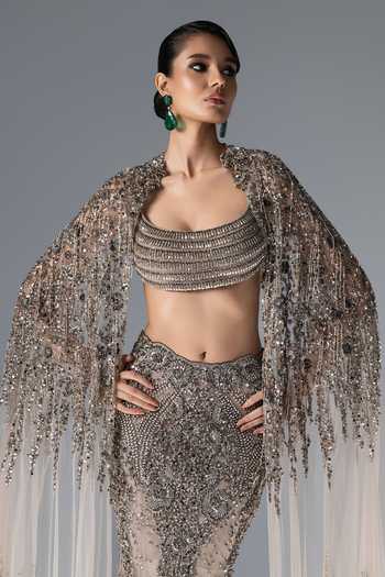 Shop_Rohit Gandhi + Rahul Khanna_Off White Tulle Scoop Neck Celestine Embroidered Cape Lehenga Set _Online_at_Aza_Fashions