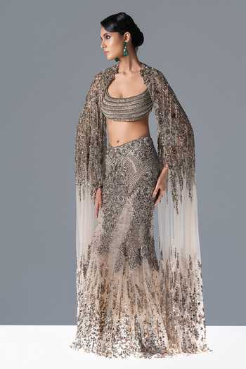 Rohit Gandhi + Rahul Khanna_Off White Tulle Scoop Neck Celestine Embroidered Cape Lehenga Set _at_Aza_Fashions