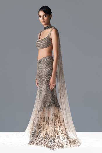 Rohit Gandhi + Rahul Khanna Off White Tulle Sequins, Stones, Crystals Halo Ecru Embroidered Lehenga Set Online at Aza Fashions Rohit Gandhi + Rahul Khanna_Off White Tulle Sequins, Stones, Crystals Halo Ecru Embroidered Lehenga Set _Online_at_Aza_Fashions