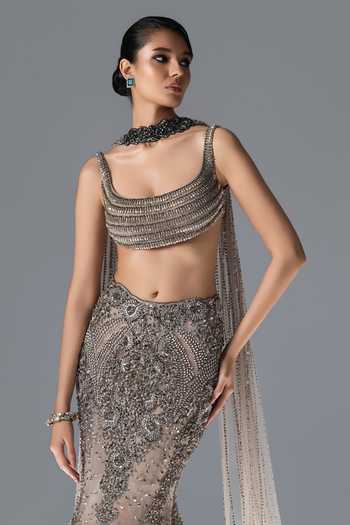Shop Rohit Gandhi + Rahul Khanna Off White Tulle Sequins, Stones, Crystals Halo Ecru Embroidered Lehenga Set Online at Aza Fashions Shop_Rohit Gandhi + Rahul Khanna_Off White Tulle Sequins, Stones, Crystals Halo Ecru Embroidered Lehenga Set _Online_at_Aza_Fashions