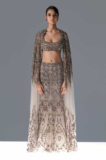 Rohit Gandhi + Rahul Khanna_Off White Tulle Square , Open Opaline Embroidered Cape Lehenga Set _Online_at_Aza_Fashions
