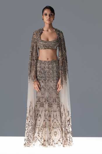 Buy_Rohit Gandhi + Rahul Khanna_Off White Tulle Square , Open Opaline Embroidered Cape Lehenga Set _Online_at_Aza_Fashions
