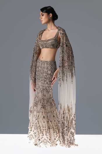 Shop_Rohit Gandhi + Rahul Khanna_Off White Tulle Square , Open Opaline Embroidered Cape Lehenga Set _Online_at_Aza_Fashions