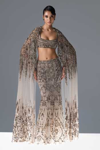 Rohit Gandhi + Rahul Khanna Opaline Embroidered Cape Lehenga Set 