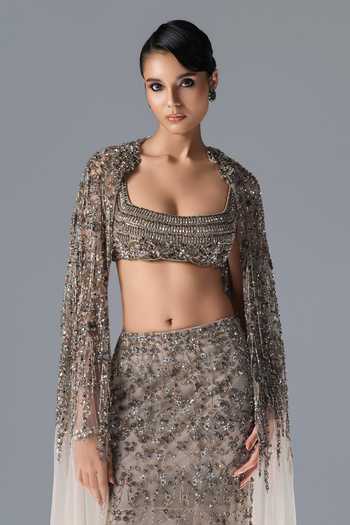 Rohit Gandhi + Rahul Khanna_Off White Tulle Square , Open Opaline Embroidered Cape Lehenga Set _at_Aza_Fashions