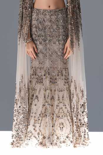 Buy_Rohit Gandhi + Rahul Khanna_Off White Tulle Square , Open Opaline Embroidered Cape Lehenga Set 