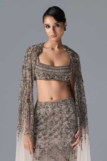 Shop_Rohit Gandhi + Rahul Khanna_Off White Tulle Square , Open Opaline Embroidered Cape Lehenga Set 