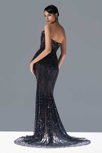 Rohit Gandhi + Rahul Khanna_Blue Tulle Sequins, Crystals Bandeau Neck Obsidian Bloom Corset And Lehenga Set _Online_at_Aza_Fashions