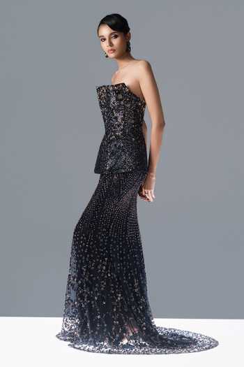 Buy_Rohit Gandhi + Rahul Khanna_Blue Tulle Sequins, Crystals Bandeau Neck Obsidian Bloom Corset And Lehenga Set _Online_at_Aza_Fashions