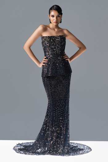 Shop_Rohit Gandhi + Rahul Khanna_Blue Tulle Sequins, Crystals Bandeau Neck Obsidian Bloom Corset And Lehenga Set _Online_at_Aza_Fashions