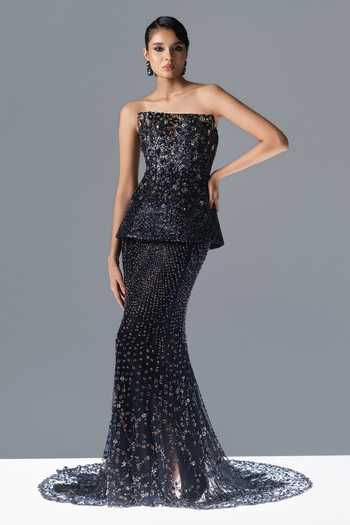 Rohit Gandhi + Rahul Khanna Obsidian Bloom Corset & Lehenga Set 