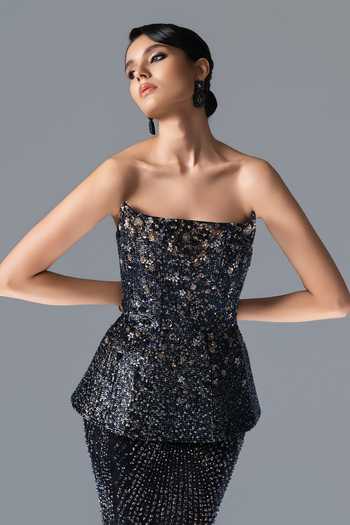 Rohit Gandhi + Rahul Khanna_Blue Tulle Sequins, Crystals Bandeau Neck Obsidian Bloom Corset And Lehenga Set _at_Aza_Fashions