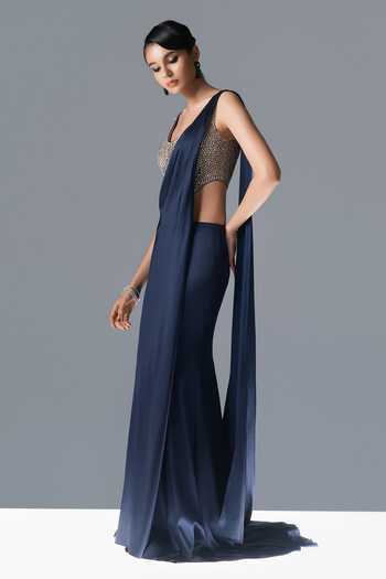 Rohit Gandhi + Rahul Khanna_Blue Tulle Scoop Neck Crystal Eclipse Pre-draped Saree With Blouse _Online_at_Aza_Fashions