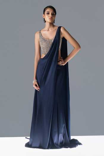 Buy_Rohit Gandhi + Rahul Khanna_Blue Tulle Scoop Neck Crystal Eclipse Pre-draped Saree With Blouse _Online_at_Aza_Fashions