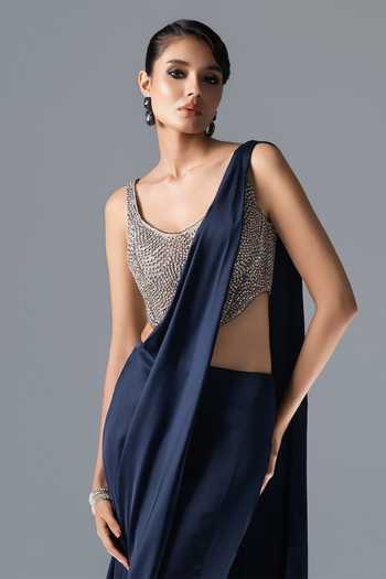 Shop_Rohit Gandhi + Rahul Khanna_Blue Tulle Scoop Neck Crystal Eclipse Pre-draped Saree With Blouse _Online_at_Aza_Fashions