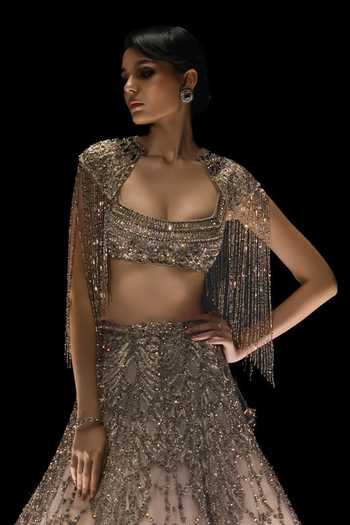 Rohit Gandhi + Rahul Khanna_Off White Tulle Square Neck Celestia Embroidered Cape Lehenga Set _Online_at_Aza_Fashions