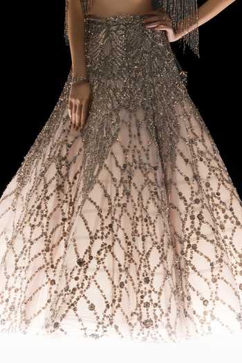 Buy_Rohit Gandhi + Rahul Khanna_Off White Tulle Square Neck Celestia Embroidered Cape Lehenga Set _Online_at_Aza_Fashions