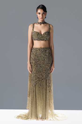 Rohit Gandhi + Rahul Khanna_Green Tulle Sweetheart Neck Evora Embroidered Fishcut Lehenga Set _Online_at_Aza_Fashions