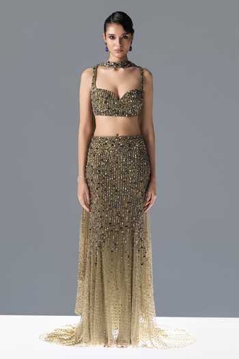 Buy_Rohit Gandhi + Rahul Khanna_Green Tulle Sweetheart Neck Evora Embroidered Fishcut Lehenga Set _Online_at_Aza_Fashions